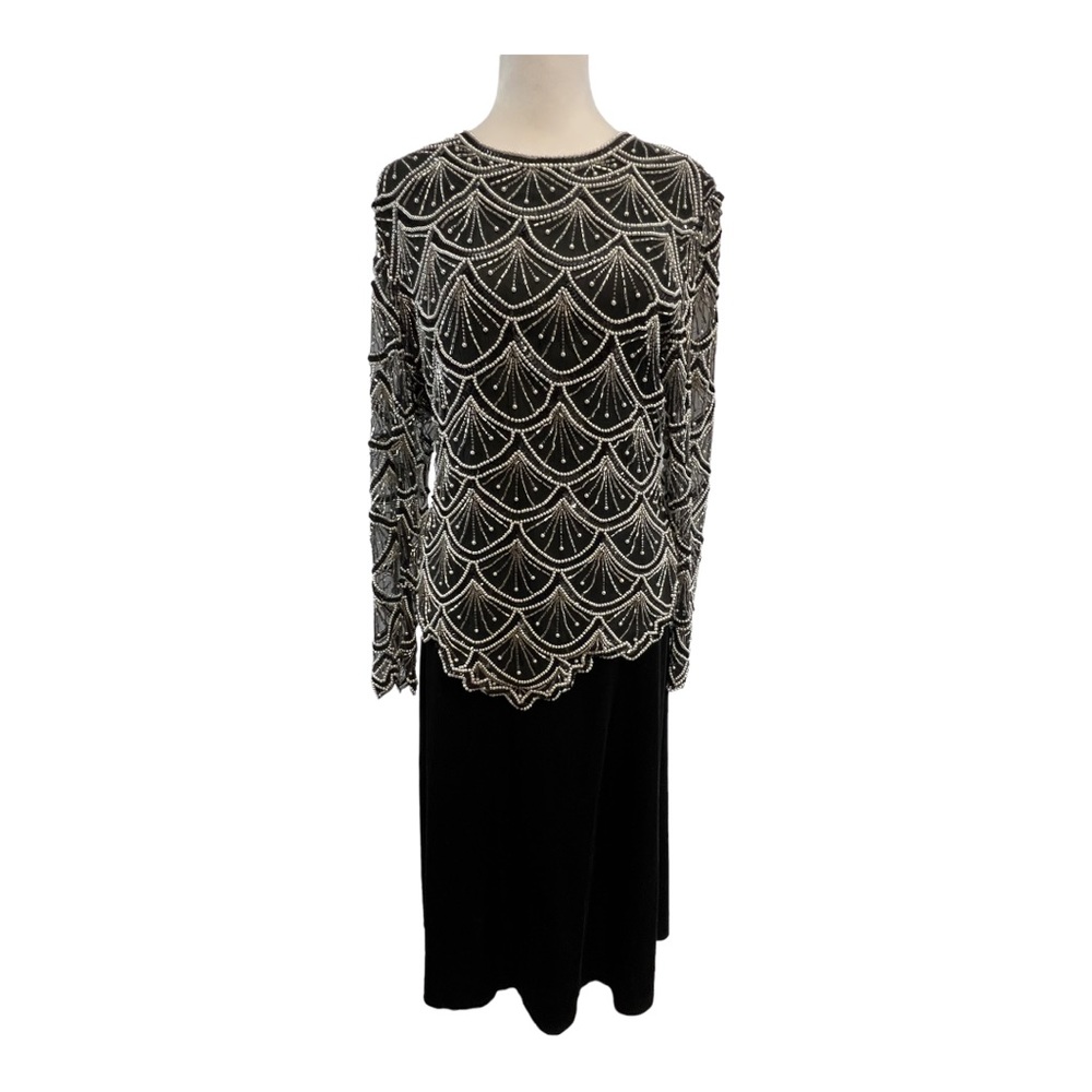 LAURENCE KAZAR VTG black white beaded top scallop designed sheer long sleeve M - Picture 9 of 14